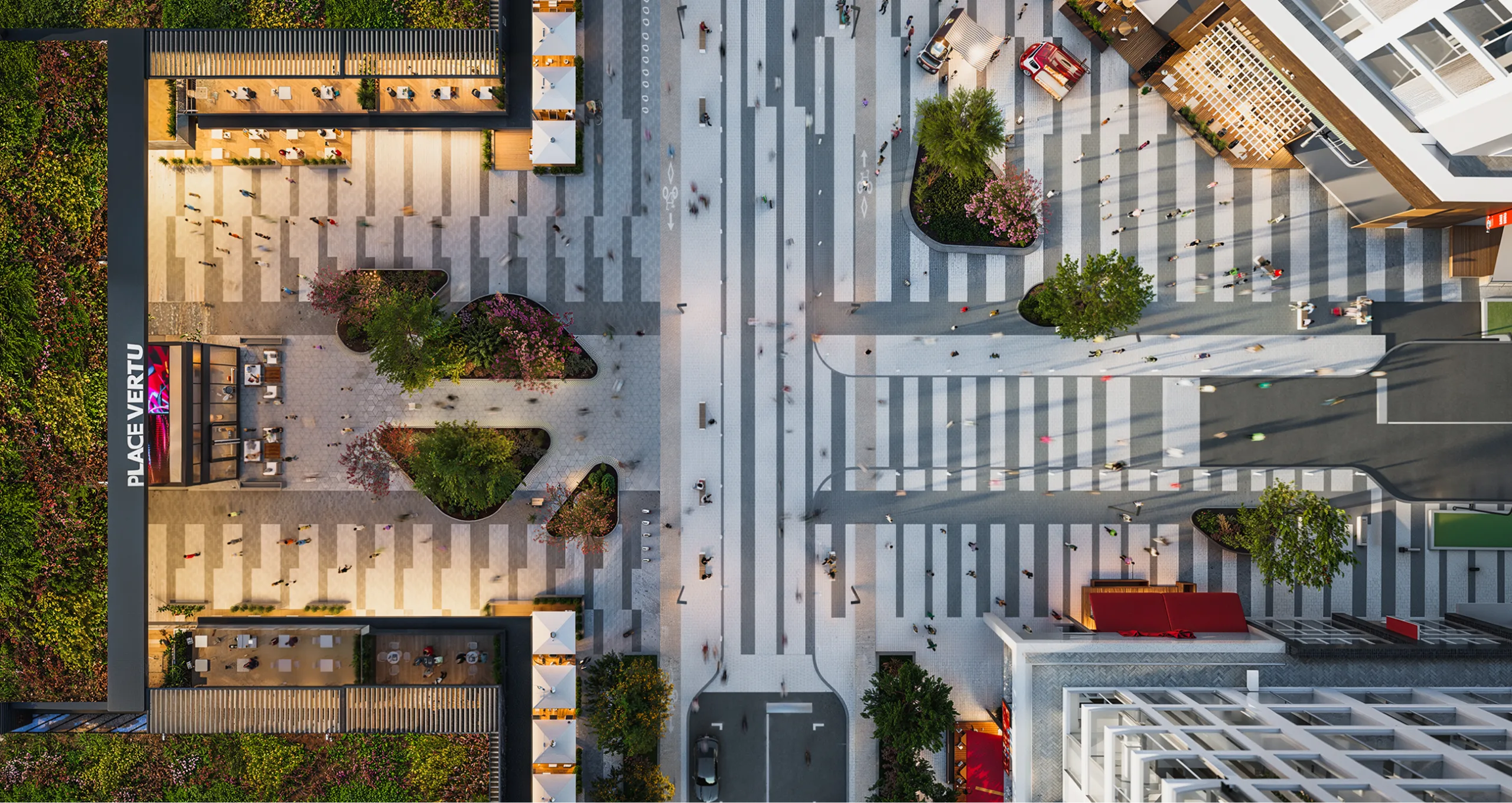Vue d'oiseau d'un espace piétonnier à la Place Vertu