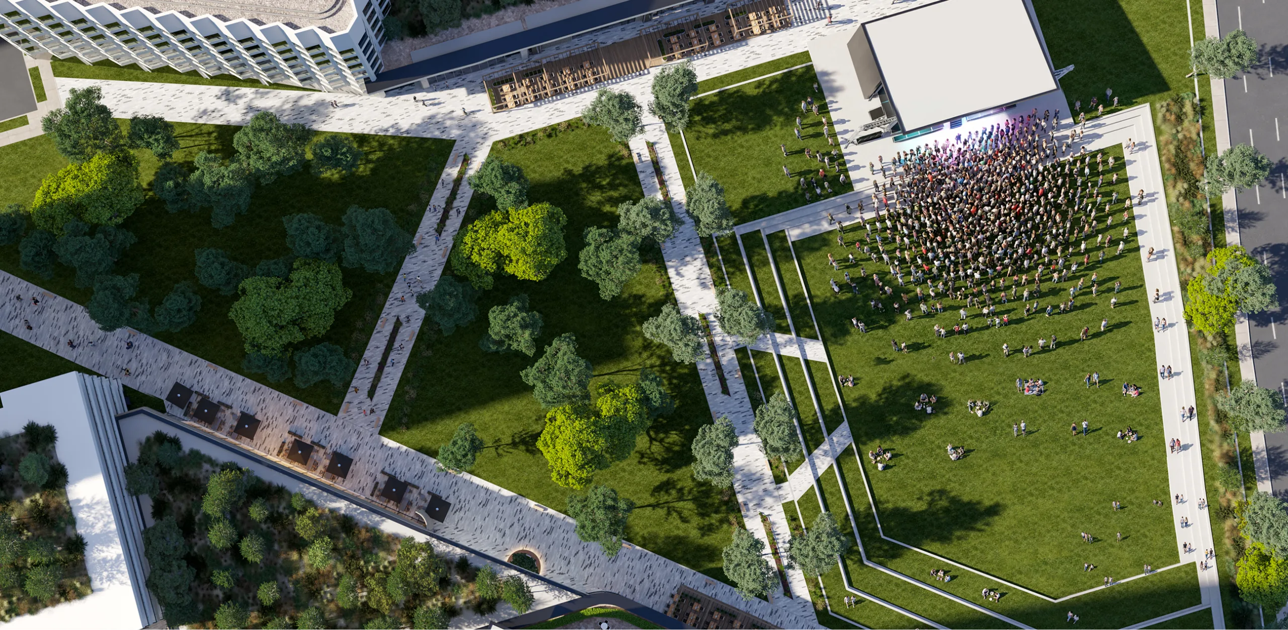 Bird's-eye view of the performance space with people attending a show.