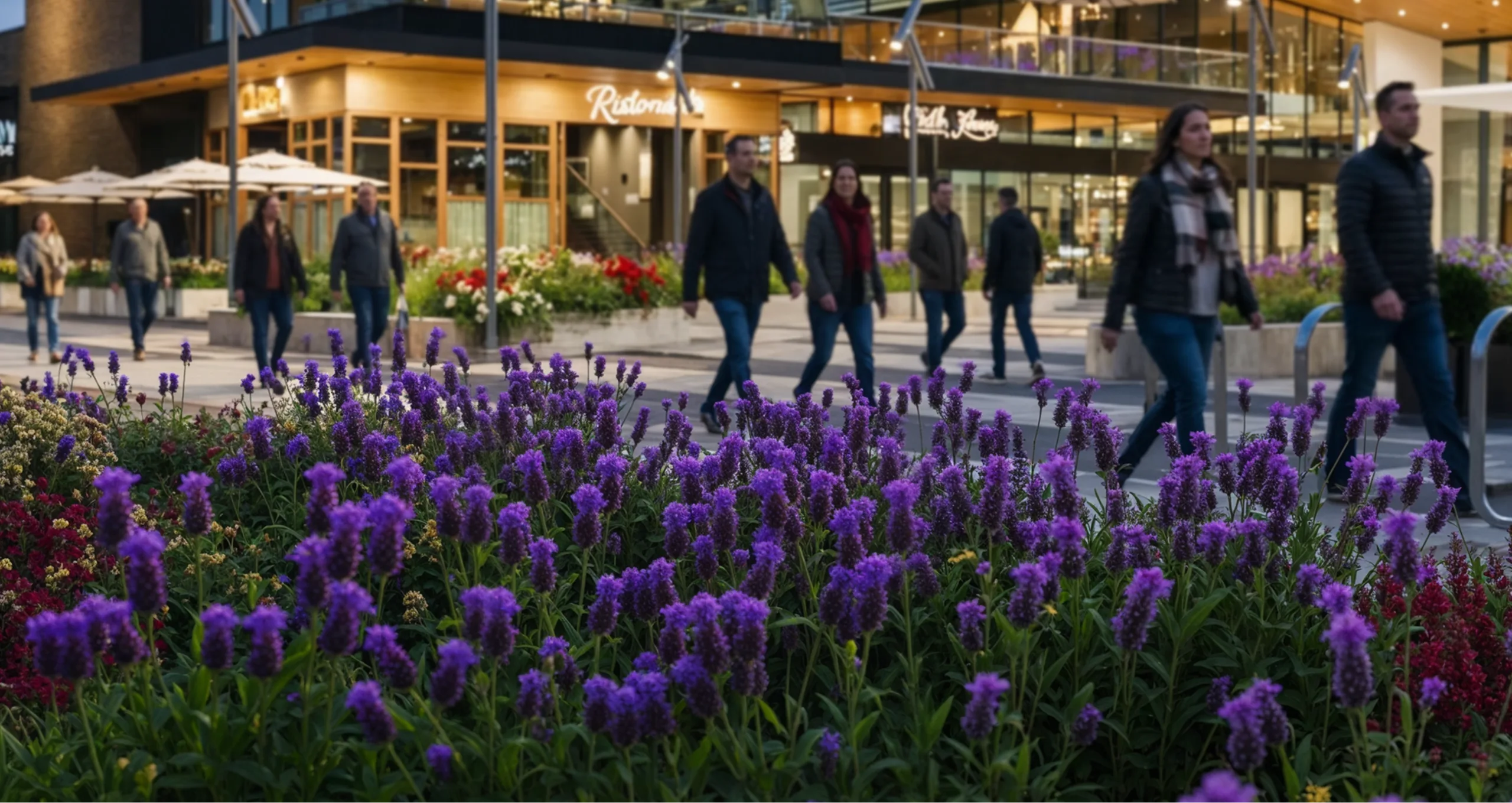 Vue de la Place Vertu avec des fleurs à l'avant-plan et des gens qui déambule à l'arrière-plan.