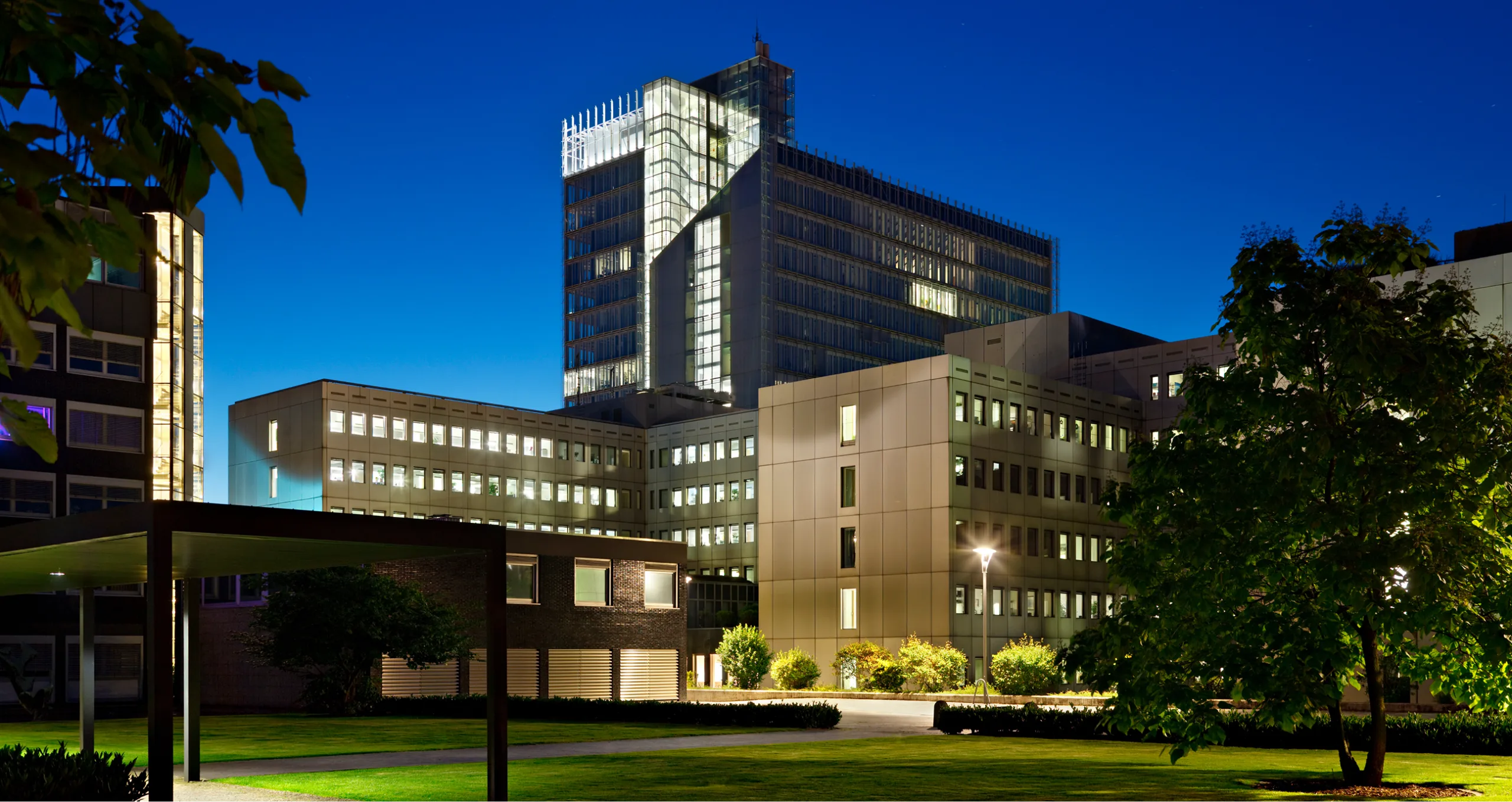 Vue de nuit d'un immeuble moderne scientifique avec à l'avant-plan un parc.