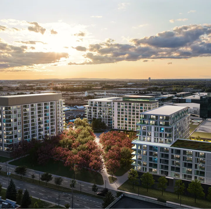 Vue aérienne d'un city centre au couché du soleil