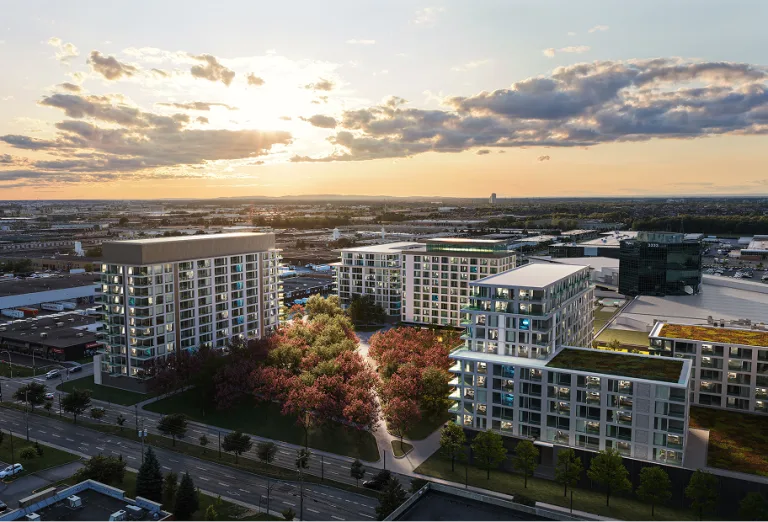 Vue aérienne d'un centre-ville avec couché de soleil.