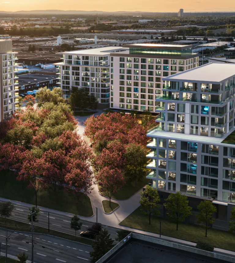 Centre-ville au couché du soleil avec plusieurs édifices modernes et un parc à l'avant-plan.