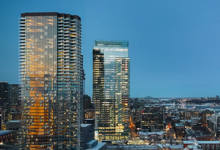 Aerial night view of downtown Montreal.